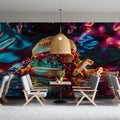 Neon Burger Pop Art Mural Wallpaper — Vibrant Urban Design Mural Wallpaper - pure wallpaper artwork