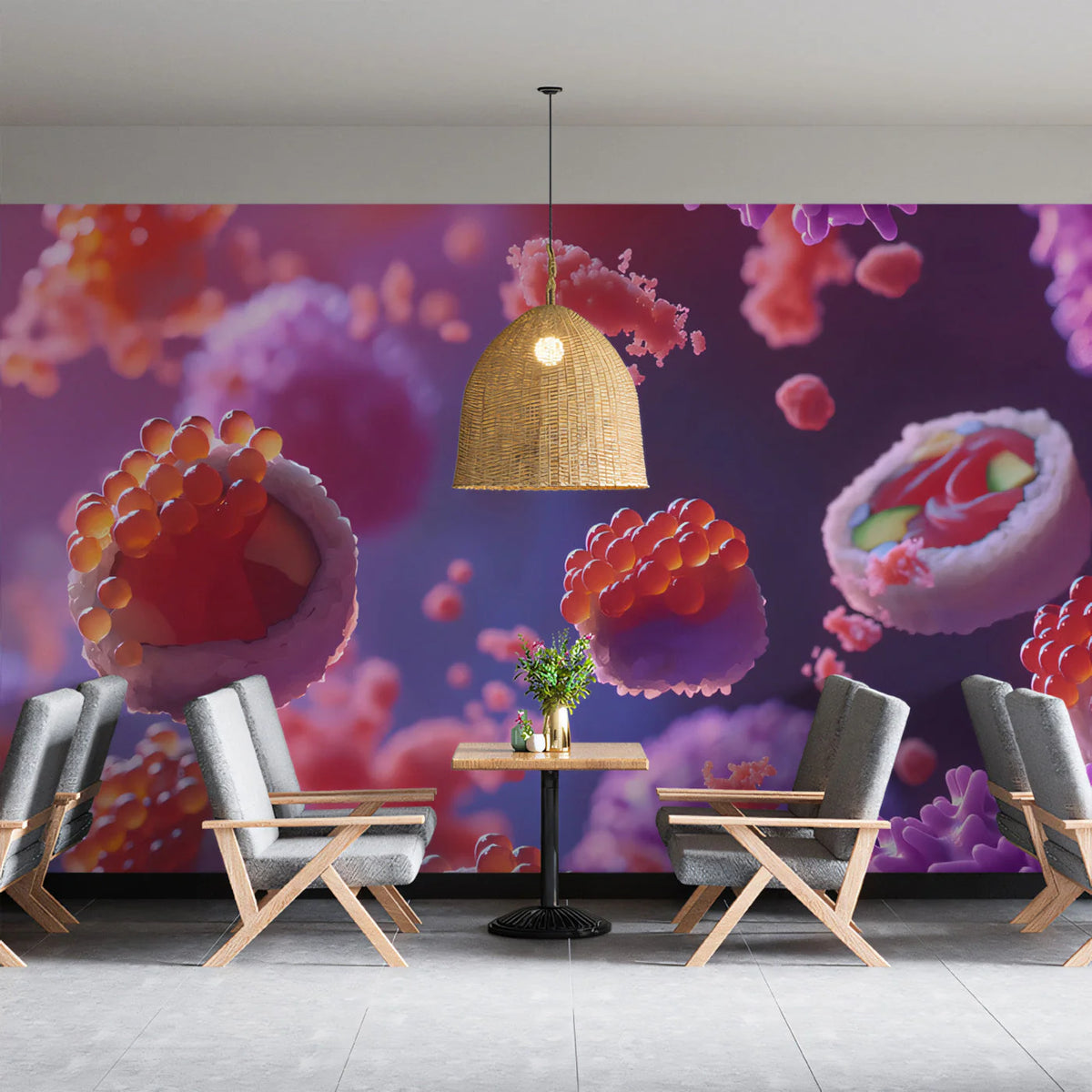 Floating Sushi and Caviar Mural Wallpaper — Modern Culinary Art Mural Wallpaper - pure wallpaper artwork