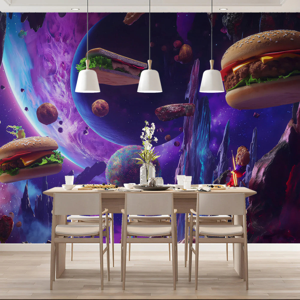 Interstellar Burger Fantasy Mural Wallpaper — Bold Sci-Fi Art Mural Wallpaper - pure wallpaper artwork