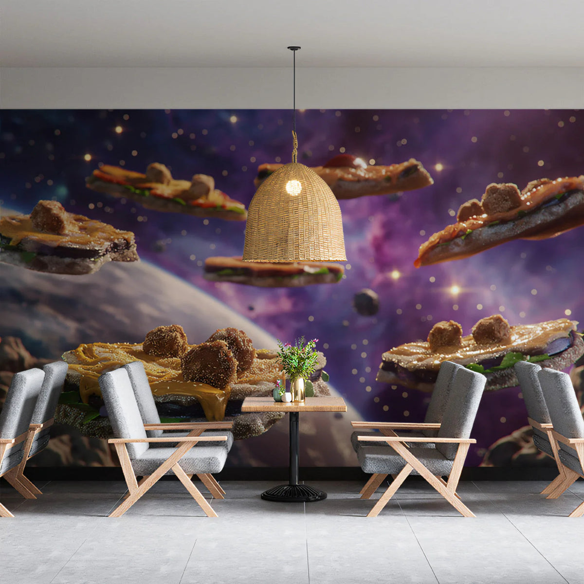 Cosmic Sandwich Mural Wallpaper — Whimsical Space Exploration Mural Wallpaper - pure wallpaper artwork