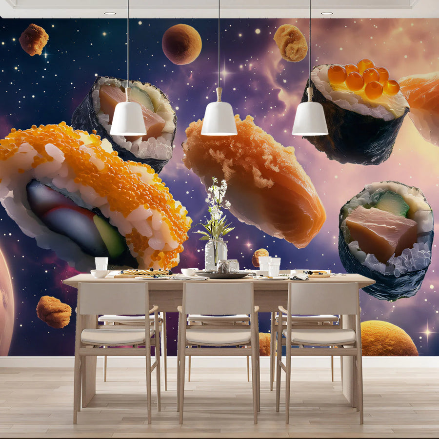 Cosmic Sushi Mural Wallpaper — Vibrant Galactic Culinary Art Mural Wallpaper