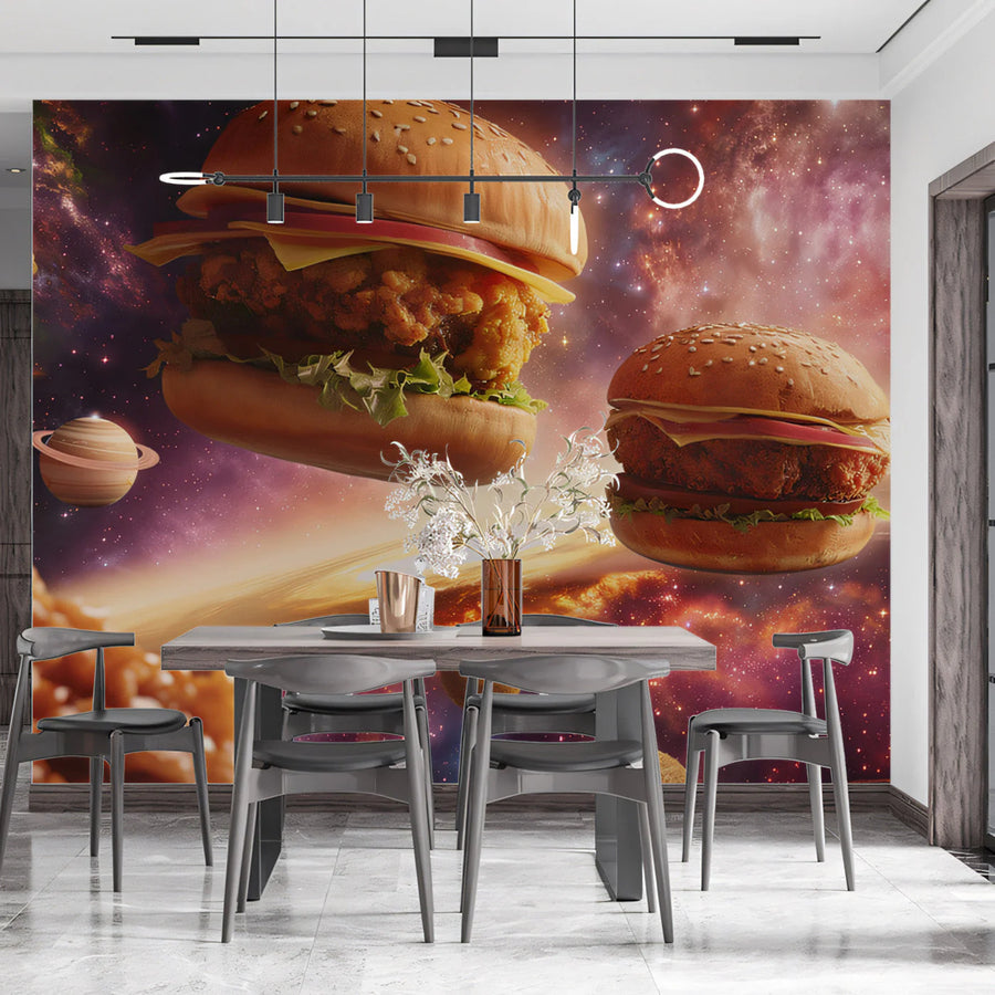 Cosmic Burger Galaxy Mural Wallpaper —Playful Surrealist Design Mural Wallpaper