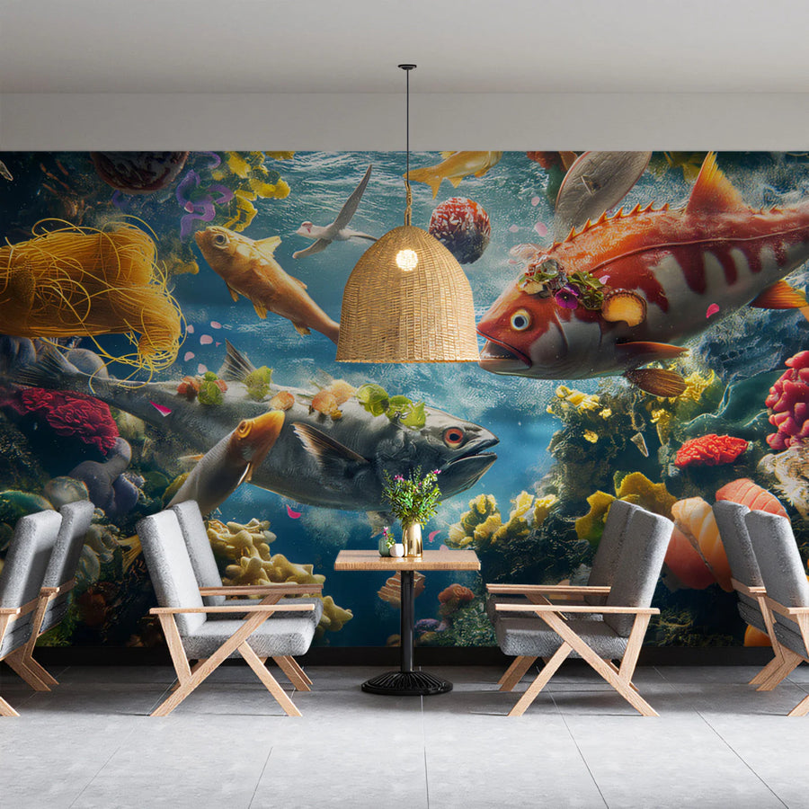Vivid Coral Reef and Marine Life Mural Wallpaper — Aquatic Art Mural Wallpaper