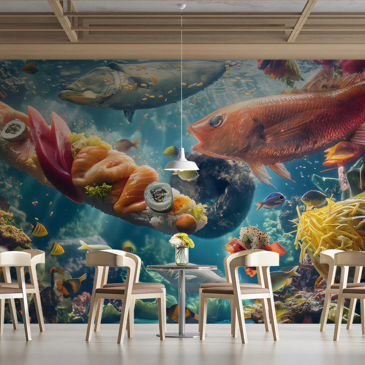 Subaquatic Sushi Fusion Mural Wallpaper — Playful Ocean Scene Mural Wallpaper - pure wallpaper artwork