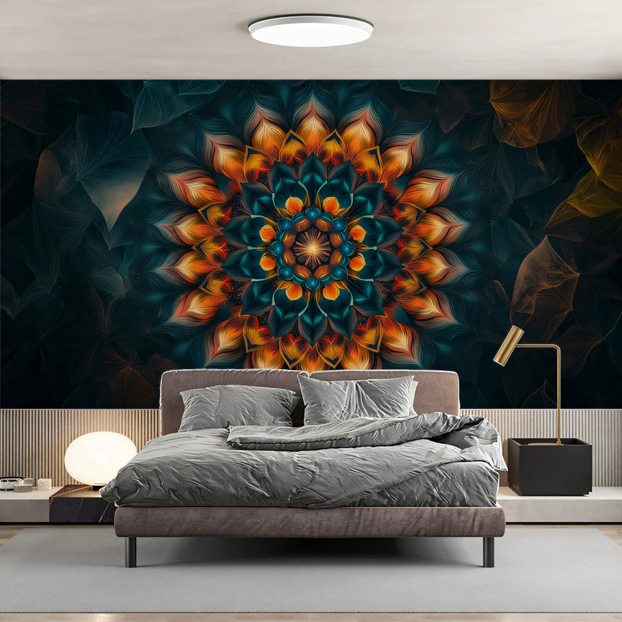 Radiant Mandala Floral Mural Wallpaper — Moody Bohemian Style Mural Wallpaper