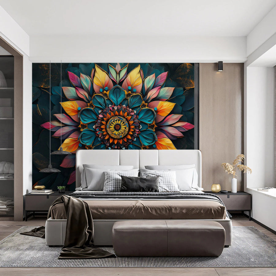Radiant Mandala Floral Mural Wallpaper in Dark Multicolored Tones Mural Wallpaper
