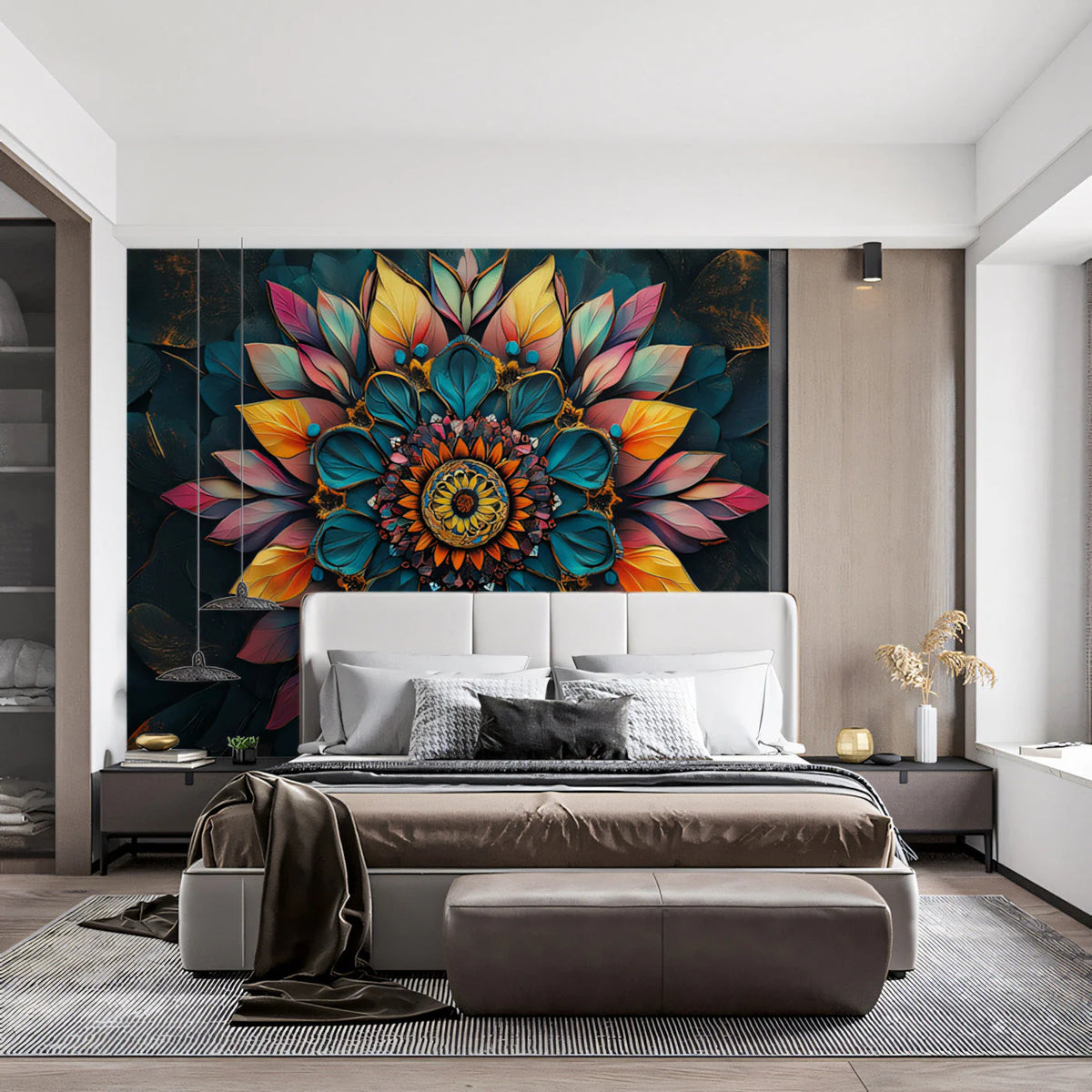 Radiant Mandala Floral Mural Wallpaper in Dark Multicolored Tones Mural Wallpaper - pure wallpaper artwork