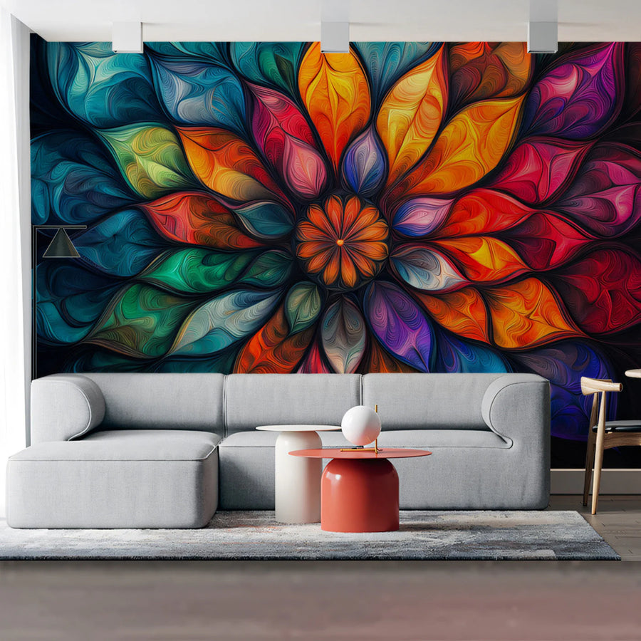 Radiant Mandala Bloom Mural Wallpaper — Artistic Bohemian Style Mural Wallpaper