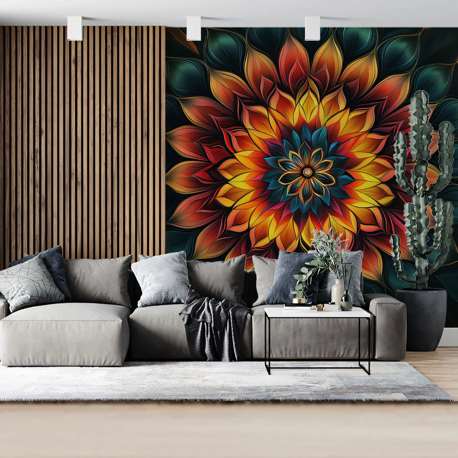 Radiant Mandala Floral Mural Wallpaper — Dark Artistic Statement Mural Wallpaper