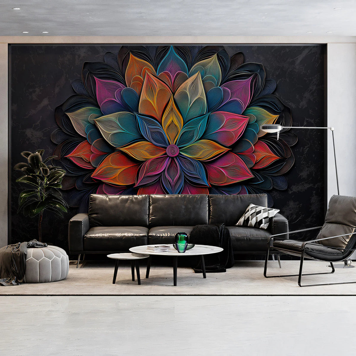 Vibrant Mandala Petal Mural Wallpaper — Artistic Dark Decor Mural Wallpaper - pure wallpaper artwork