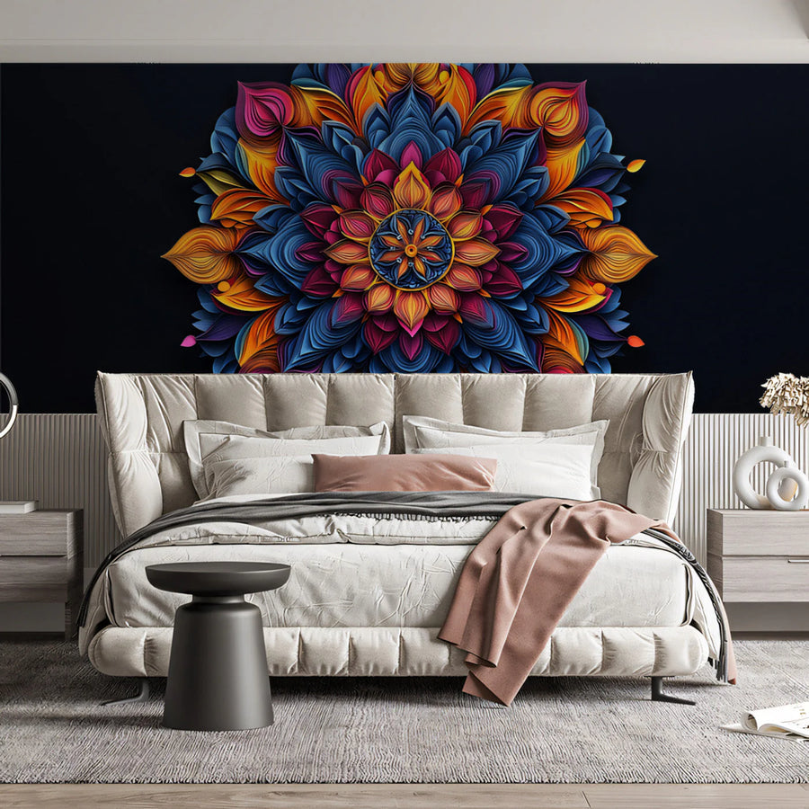 Vibrant Geometric Mandala Mural Wallpaper — Deep Color Contrast Mural Wallpaper