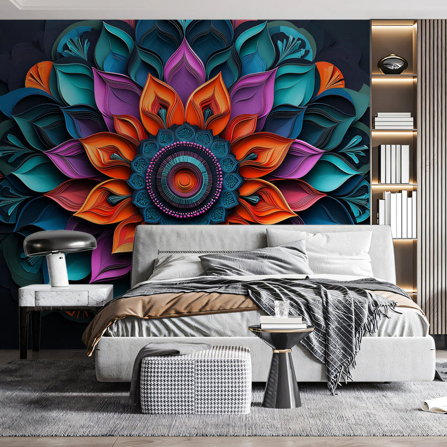3D Layered Mandala Mural Wallpaper — Vibrant Geometric Art Mural Wallpaper