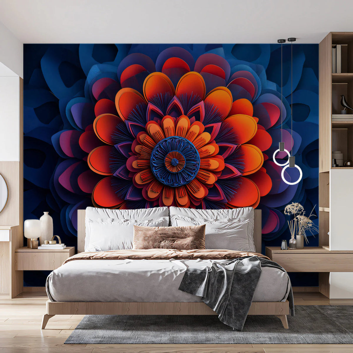 Radiant Mandala Bloom Mural Wallpaper — Modern Bohemian Art Mural Wallpaper - pure wallpaper artwork