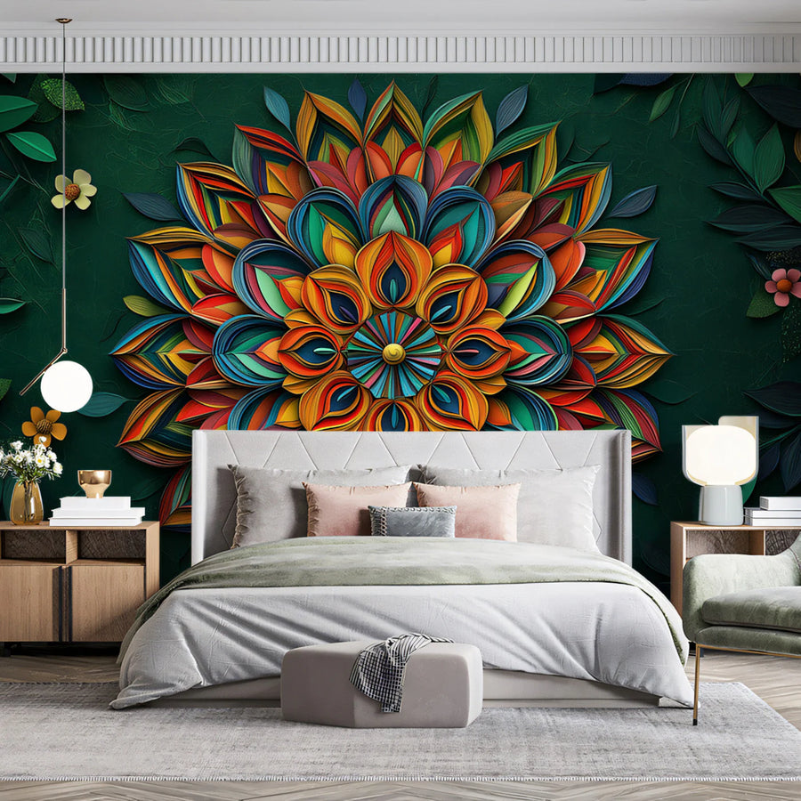 Vibrant Mandala Botanical Mural Wallpaper — Deep Green Backdrop Mural Wallpaper