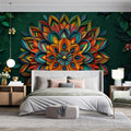 Vibrant Mandala Botanical Mural Wallpaper — Deep Green Backdrop Mural Wallpaper - pure wallpaper artwork