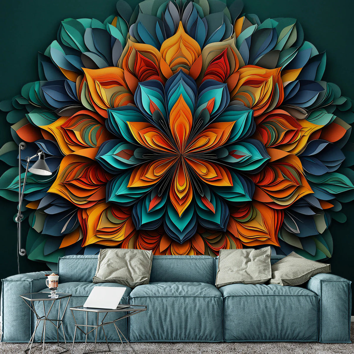 Layered Petal Mandala Mural Wallpaper — Vibrant 3D Art Mural Wallpaper - pure wallpaper artwork
