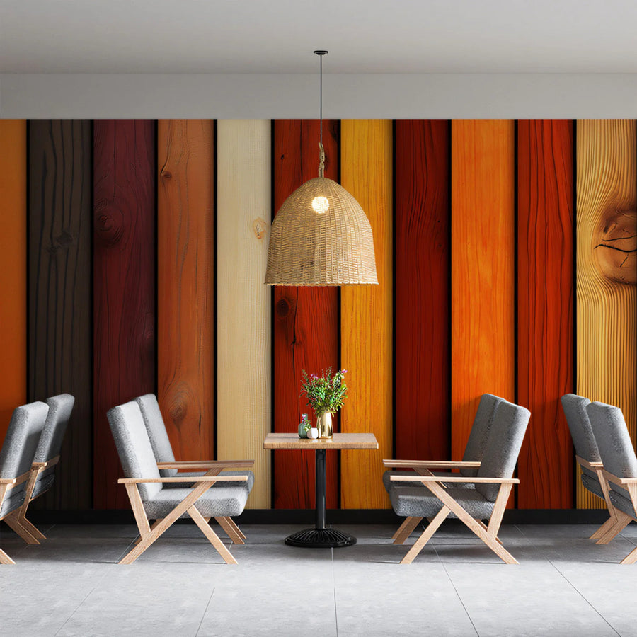 Multicolor Wood Plank Mural Wallpaper — Warm Rustic Aesthetic Mural Wallpaper
