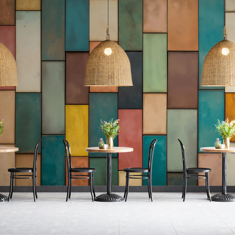 Modern Geometric Block Mural Wallpaper in Muted Multicolors Mural Wallpaper