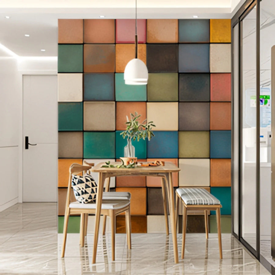 Mosaic Block Mural Wallpaper — Multicolored Earthy Grid Mural Wallpaper