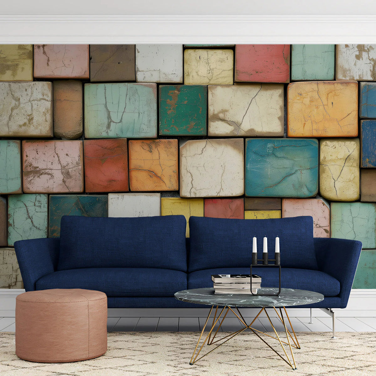 Rustic Painted Block Mosaic Mural Wallpaper — Multi-Colored Mural Wallpaper - pure wallpaper artwork