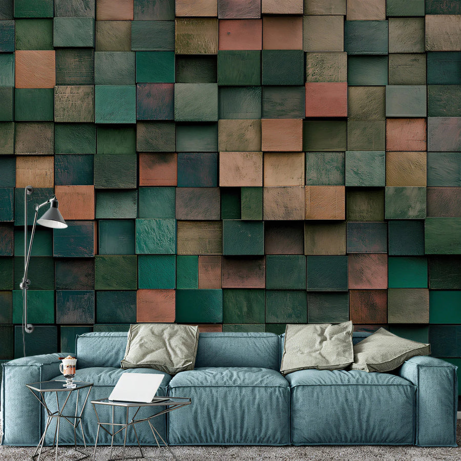 3D Geometric Wood Block Mural Wallpaper in Muted Forest Tones Mural Wallpaper