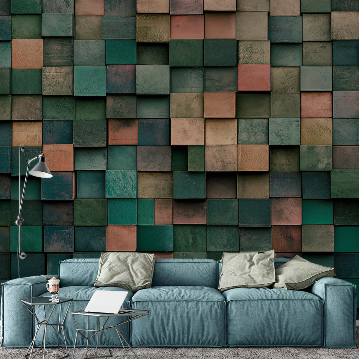 3D Geometric Wood Block Mural Wallpaper in Muted Forest Tones Mural Wallpaper - pure wallpaper artwork