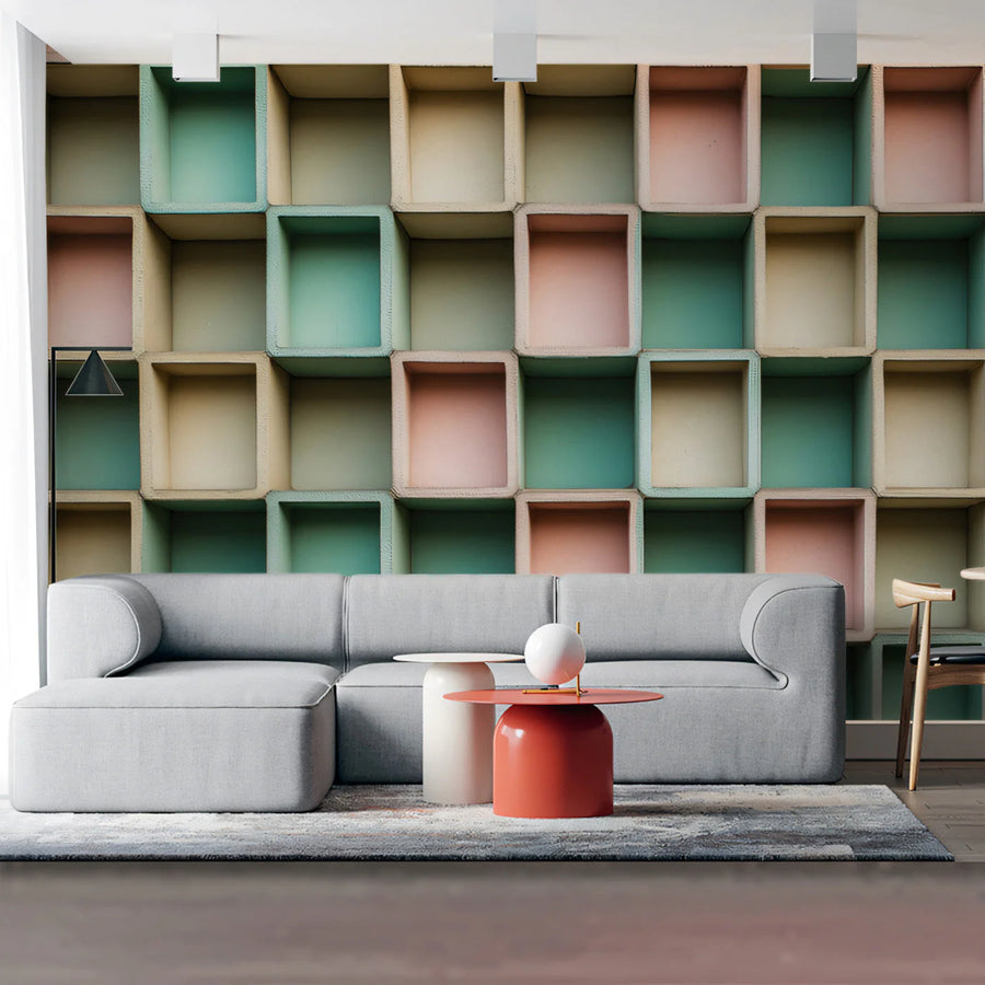 Geometric Cubes Mural Wallpaper — Pastel 3D Grid Pattern Mural Wallpaper