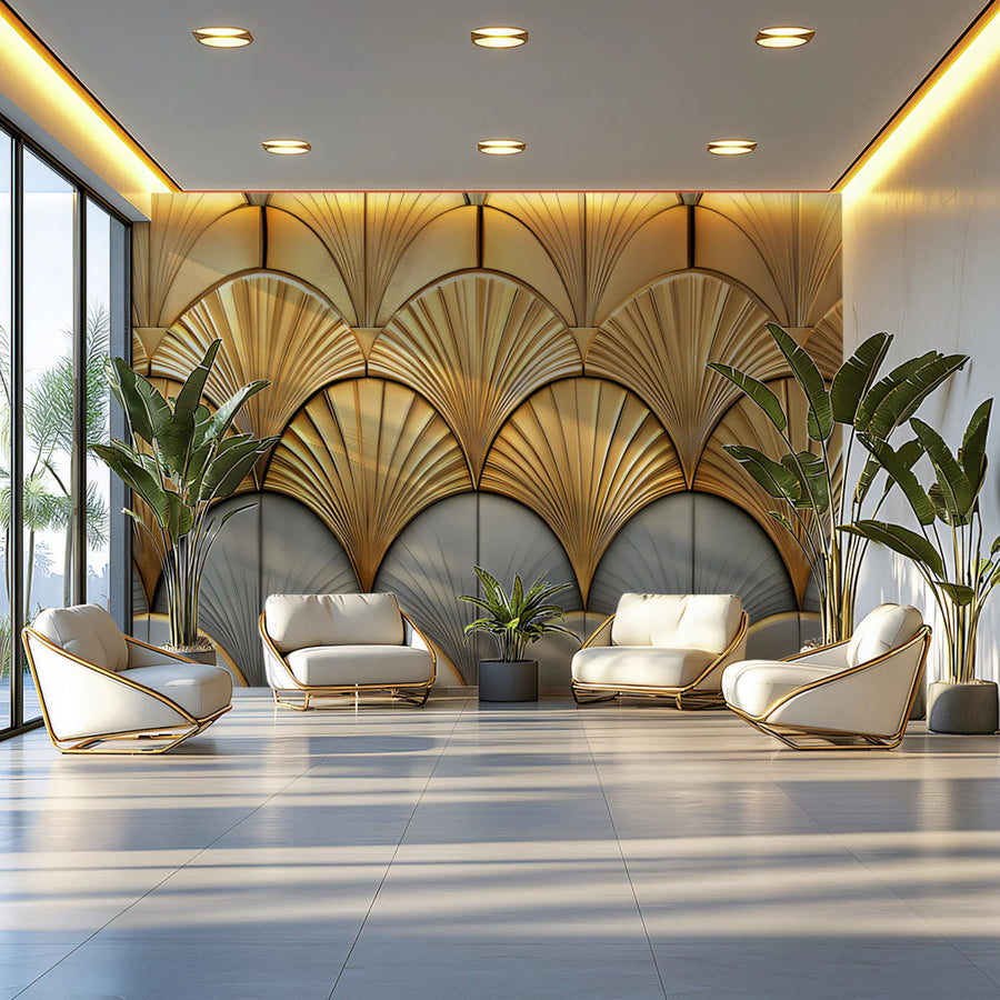 Gilded Art Deco Fan Mural Wallpaper — Metallic Geometric Design Mural Wallpaper