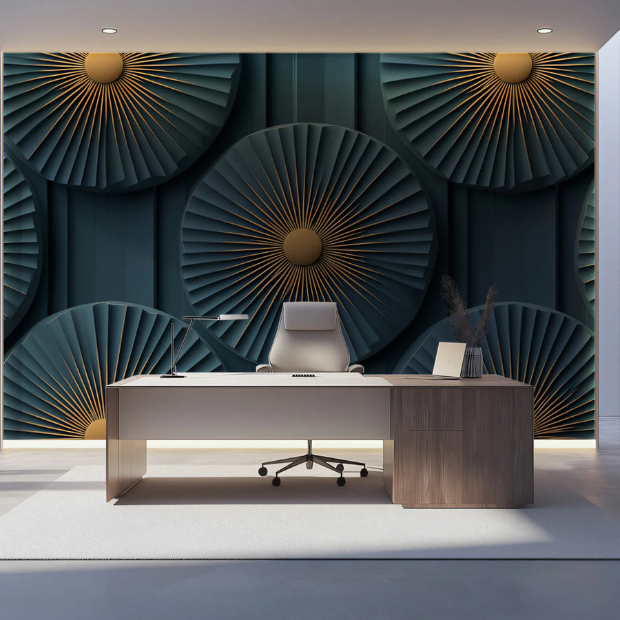 Art Deco Fan Mural Wallpaper in Teal and Ochre Gold Mural Wallpaper