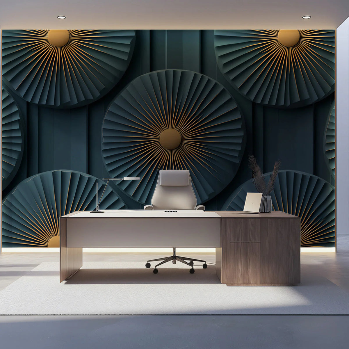 Art Deco Fan Mural Wallpaper in Teal and Ochre Gold Mural Wallpaper - pure wallpaper artwork