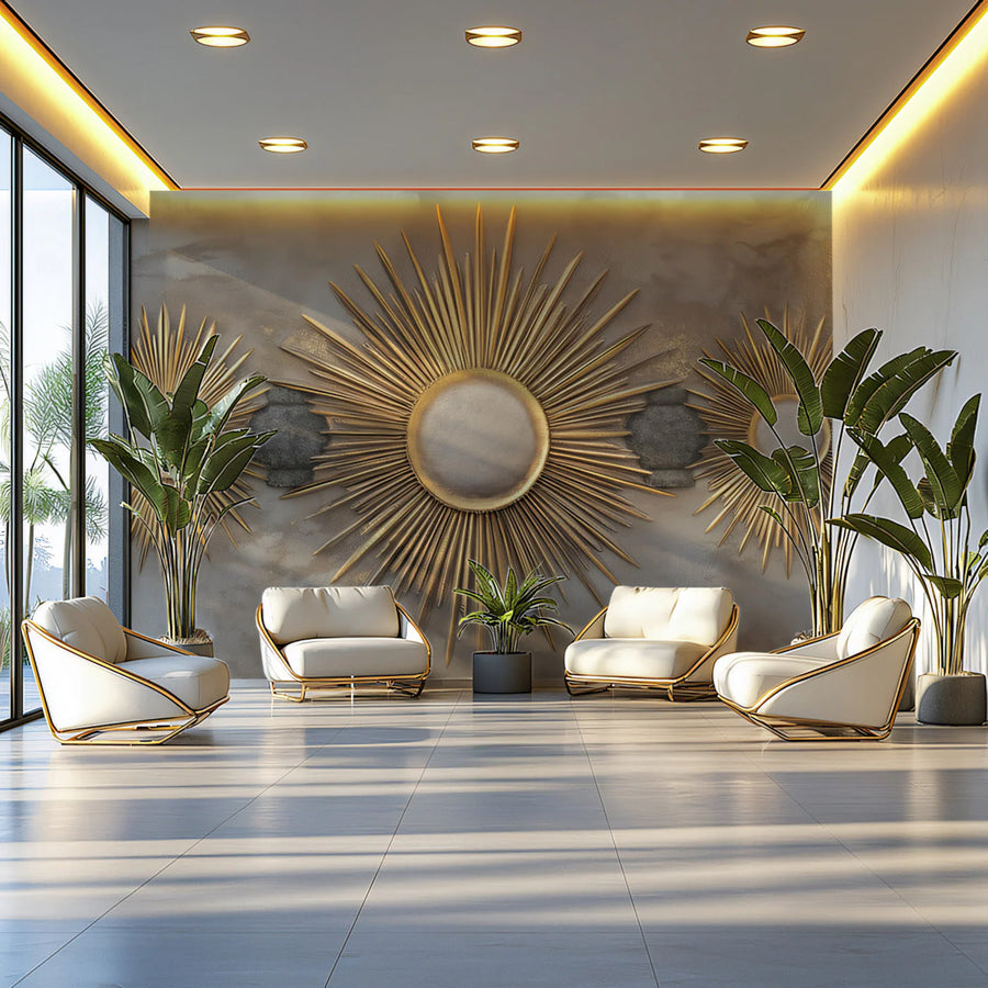 Golden Sunburst Medallion Mural Wallpaper — Art Deco Influence Mural Wallpaper