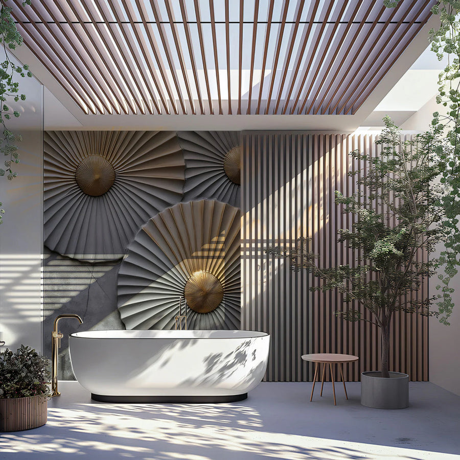 Pleated Fan Mural Wallpaper — Modern Industrial Gold and Grey Mural Wallpaper