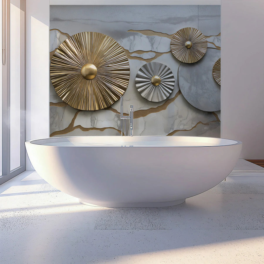 Sunburst Fan Geometric Mural Wallpaper — Modern Metallic Decor Mural Wallpaper