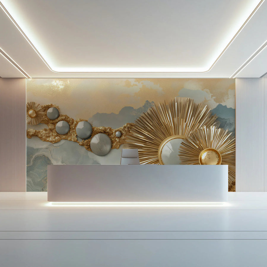 Sunburst Geometric Mural Wallpaper — Modern Gold and Gray Abstract Mural Wallpaper
