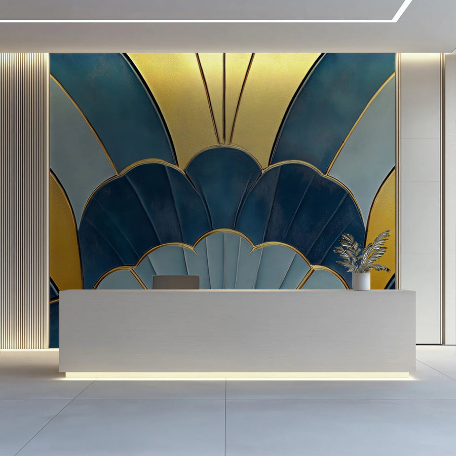 Art Deco Fan Mural Wallpaper — Modern Gold and Teal Geometric Mural Wallpaper