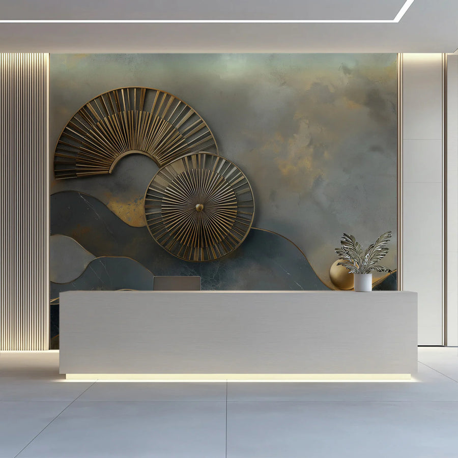 Abstract Gold Fan Mural Wallpaper — Modern Geometric Art Mural Wallpaper
