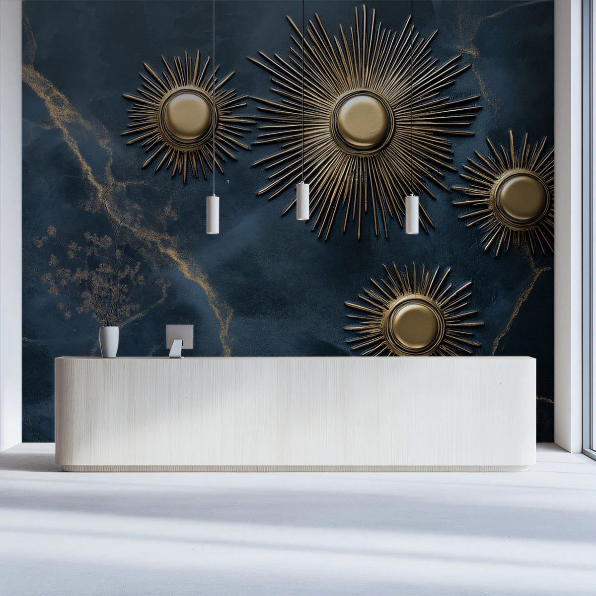 Sunburst Marble Mural Wallpaper — Navy and Gold Celestial Design Mural Wallpaper - pure wallpaper artwork