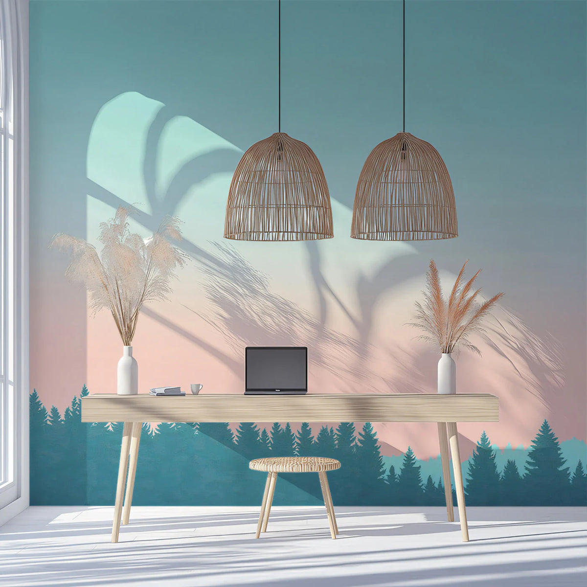 Minimalist Pine Forest Landscape Mural Wallpaper — Soft Morning Mural Wallpaper - pure wallpaper artwork