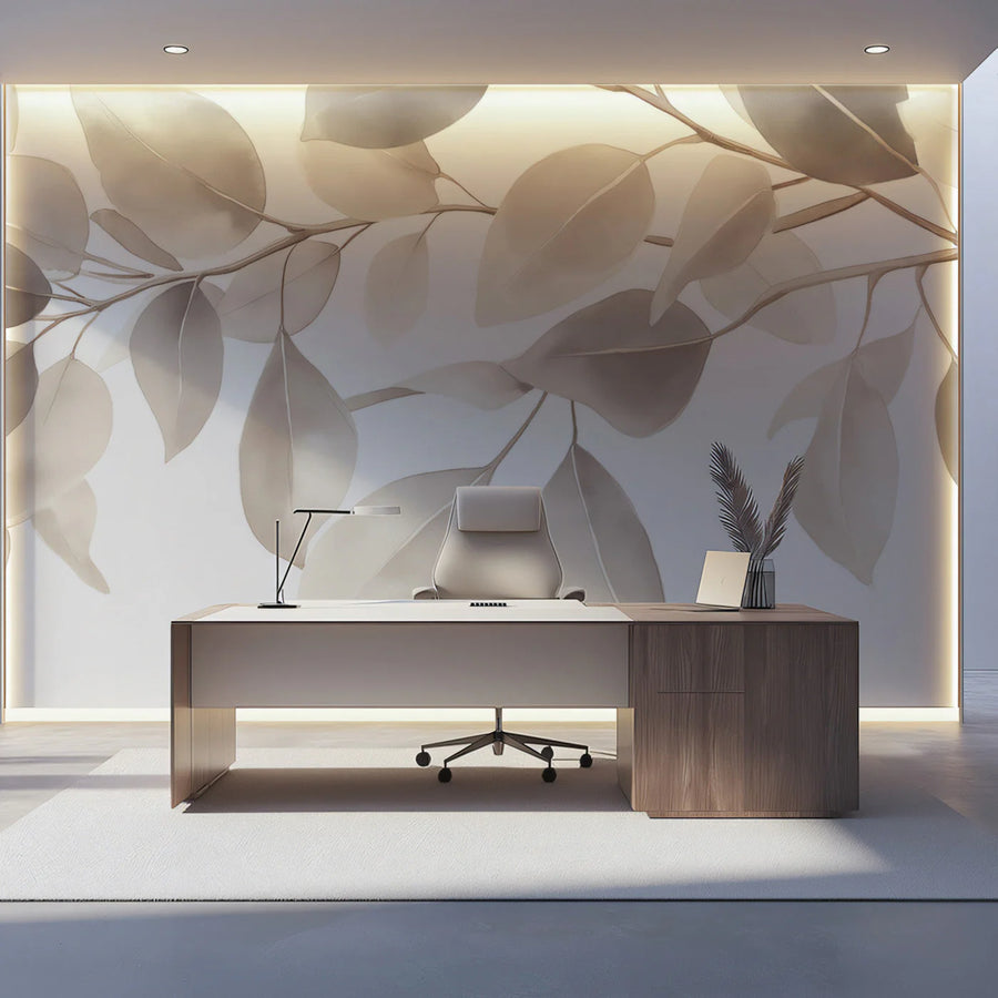 Minimalist Botanical Mural Wallpaper — Soft Beige Leaf Pattern Mural Wallpaper