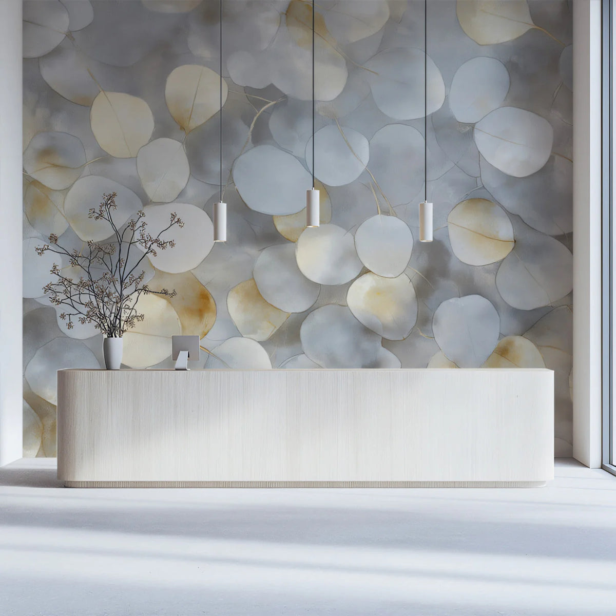 Floating Eucalyptus Leaf Mural Wallpaper — Neutral Minimalist Mural Wallpaper - pure wallpaper artwork
