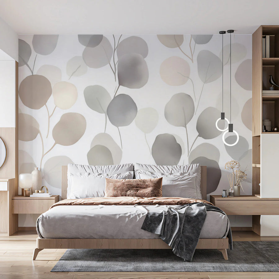 Watercolor Eucalyptus Branch Mural Wallpaper in Neutral Tones Mural Wallpaper