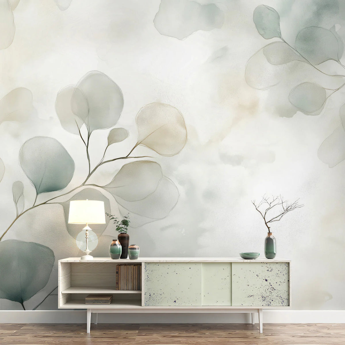 Watercolor Eucalyptus Leaf Mural Wallpaper — Soft Botanical Art Mural Wallpaper - pure wallpaper artwork