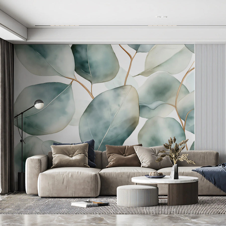 Watercolor Eucalyptus Leaf Mural Wallpaper — Soft Botanical Art Mural Wallpaper