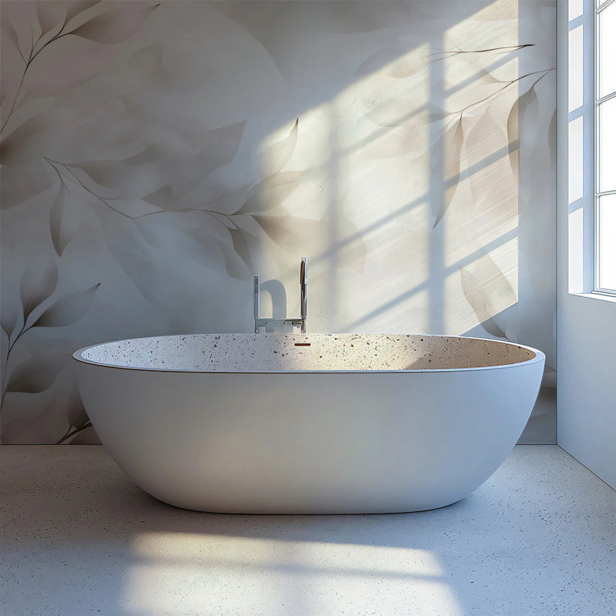 Minimalist Botanical Mural Wallpaper — Soft Neutral Leaf Pattern Mural Wallpaper