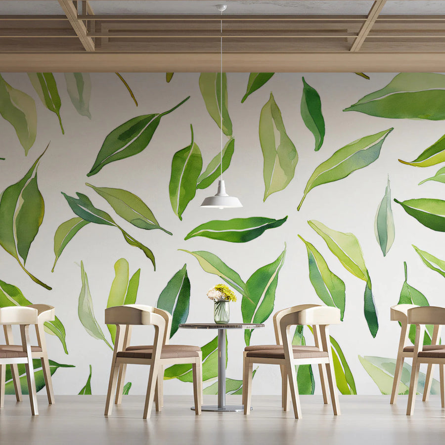 Watercolor Leaf Pattern Mural Wallpaper — Fresh Botanical Style Mural Wallpaper