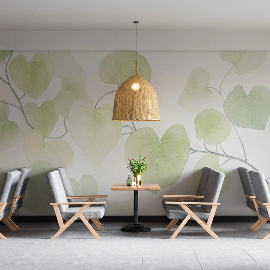 Watercolor Heart Leaf Mural Wallpaper — Soft Botanical Design Mural Wallpaper