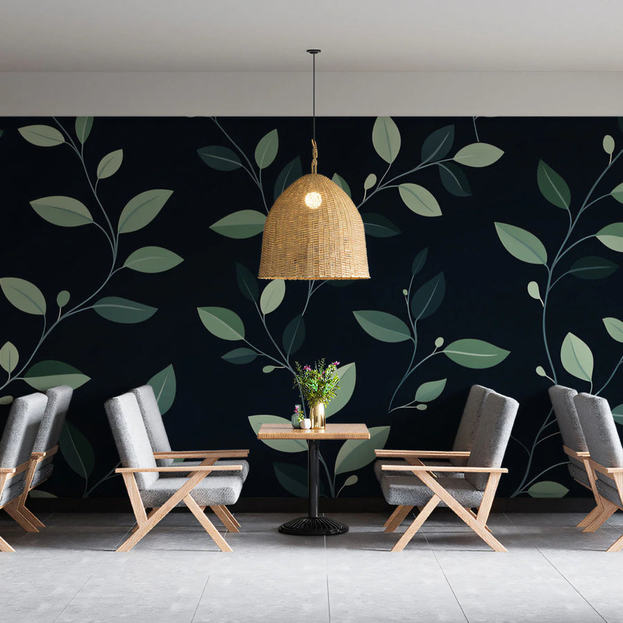 Minimalist Botanical Mural Wallpaper — Dark Green Leaf Pattern Mural Wallpaper