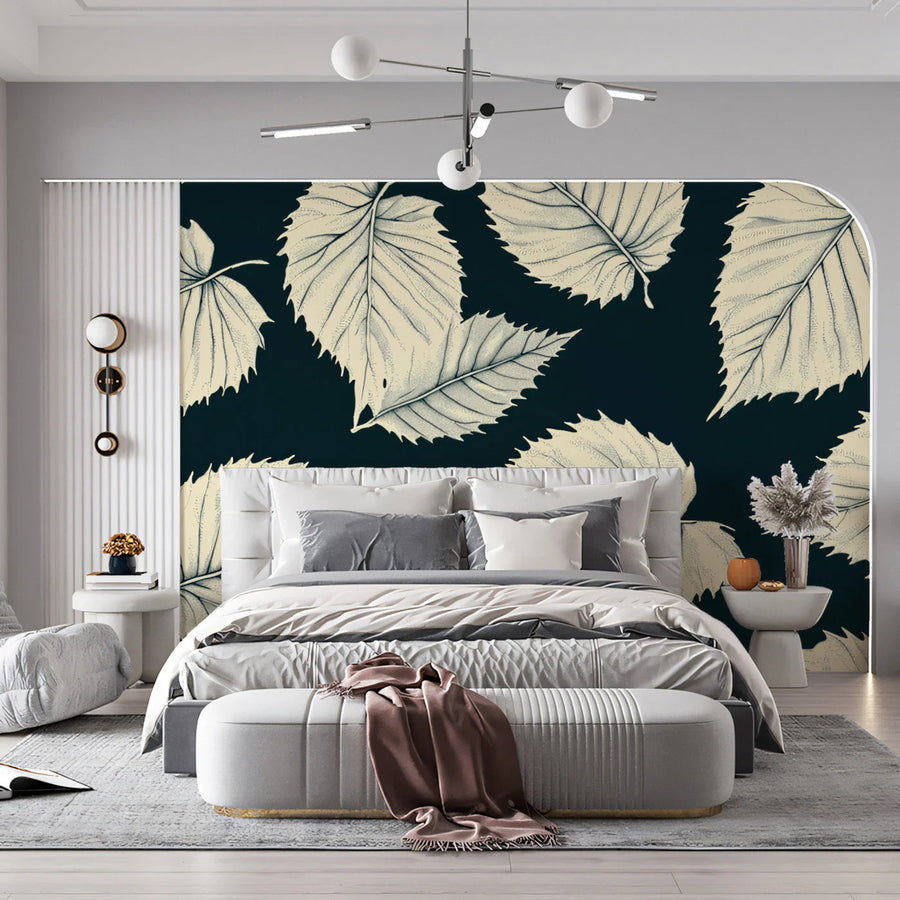 Stippled Leaf Botanical Mural Wallpaper in Charcoal and Cream Mural Wallpaper