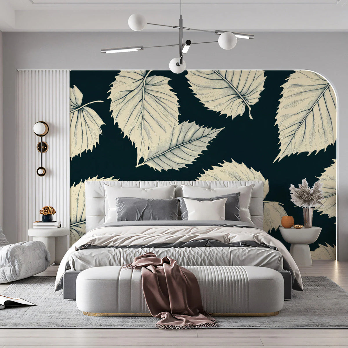 Stippled Leaf Botanical Mural Wallpaper in Charcoal and Cream Mural Wallpaper - pure wallpaper artwork
