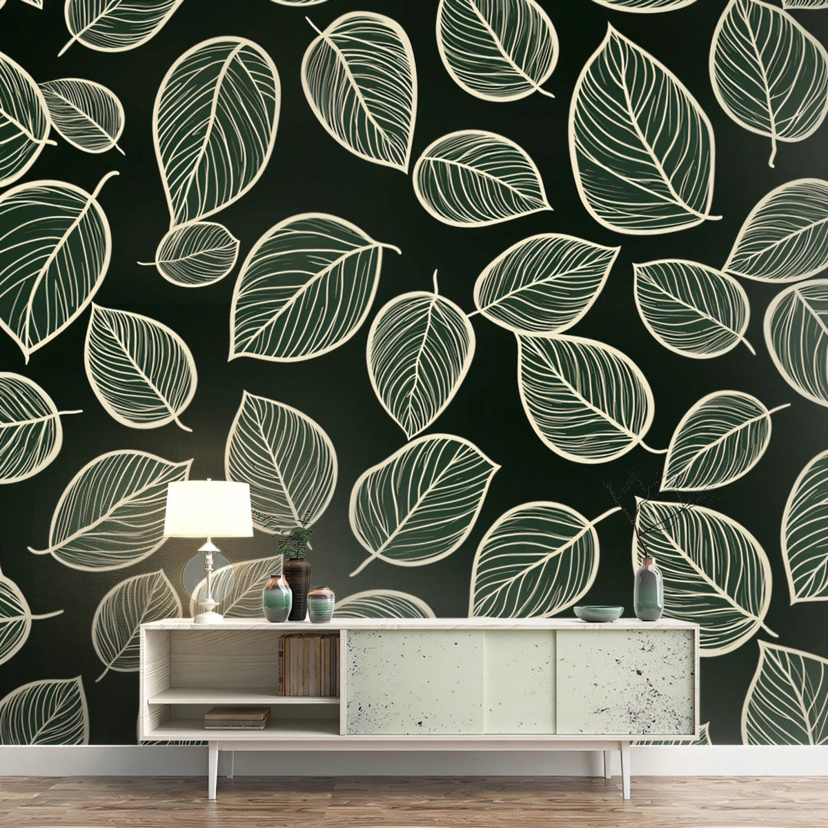 Minimalist Botanical Mural Wallpaper — Line Art Leaf Pattern Mural Wallpaper - pure wallpaper artwork